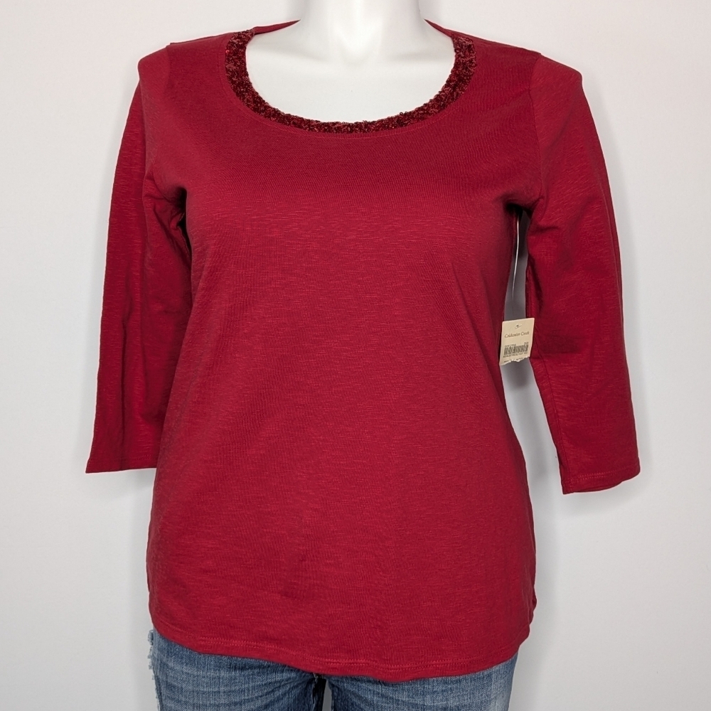 NWT Coldwater Creek Red Sequin Round Neck 1/2 Sleeve Cotton Top 14